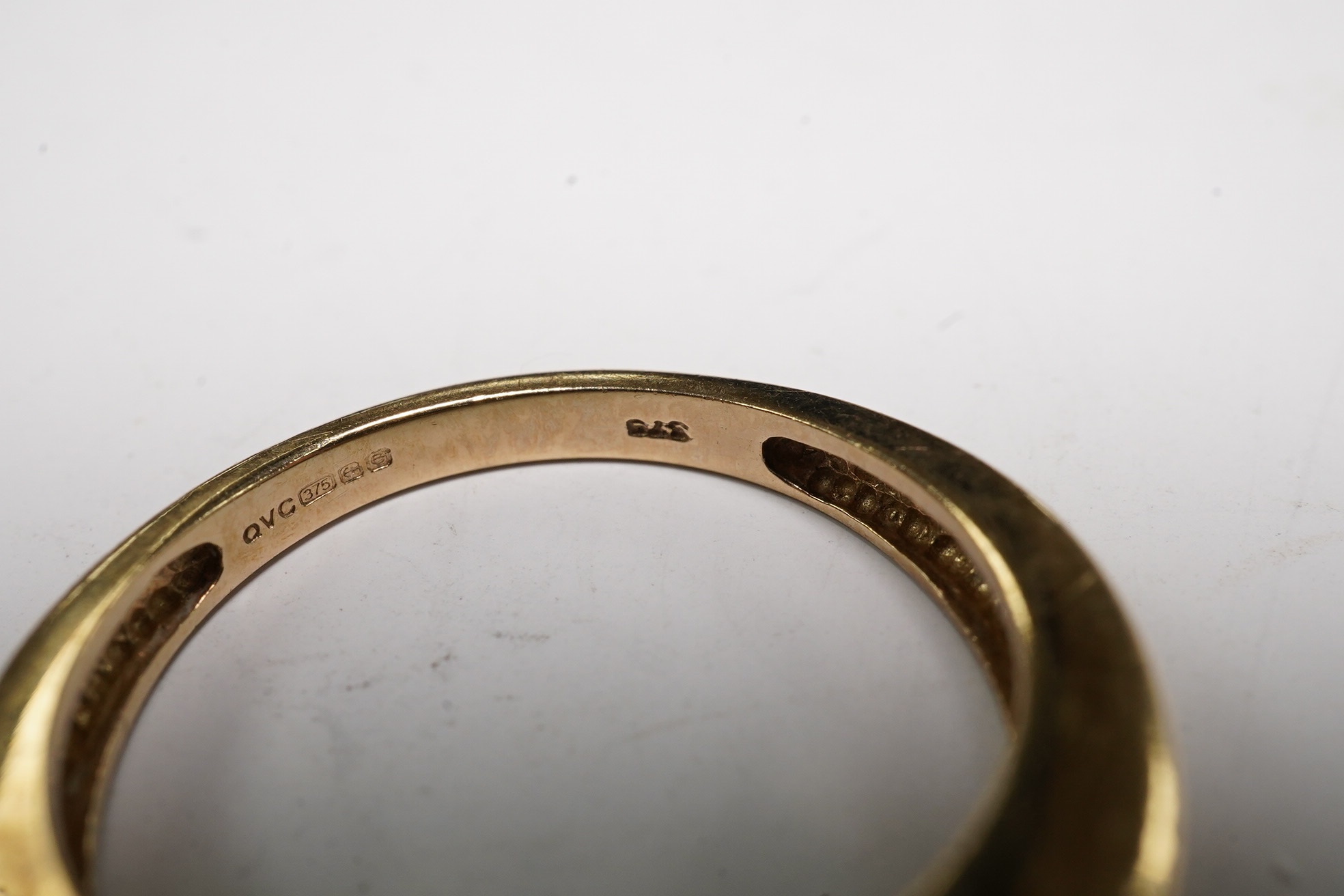 Two modern 9ct gold and diamond set rings, diamond chip cluster and five stone coloured diamond set half hoop, both size L, gross weight 6.4 grams. Condition - poor to fair